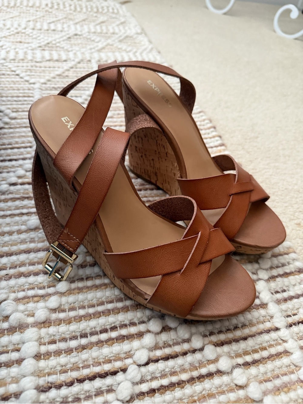 Express Cognac Brown Cork Wedge Sandals Sz 8